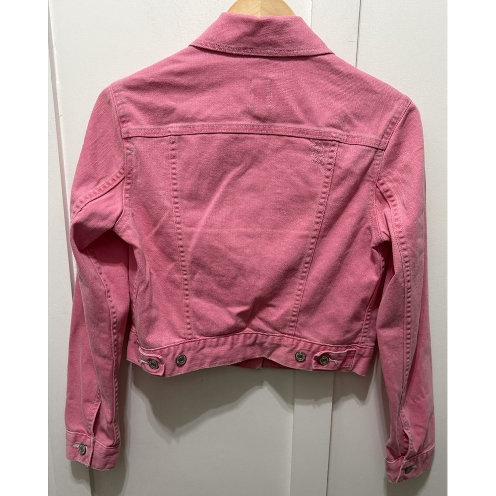Levis Jeans Womens Medium Pink Distressed Cropped Denim Trucker Jacket WPL-423 - Picture 2 of 9